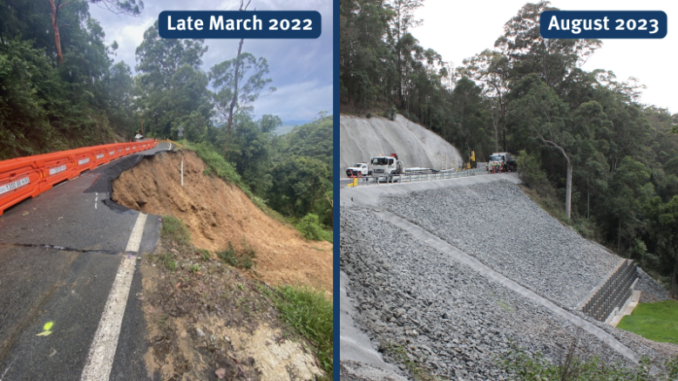Work on Beechmont Road in March 2022 and August 2023