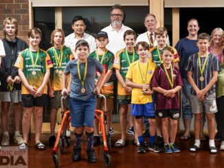 Sportsperson of the Year Kai Crothers (front, centre) with Sportsperson monthly award winners, 2020 Sportsperson winner Morgan Lee (right), committee members and supporters
