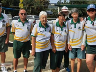 Canungra Bowlers all ready for another round of Club Championship Bowls - Wayne Reiser, Stuart Warren, Jean Ball, Kay Upton, Tim Thomas (behind), Val Reiser and Natalie Bell.