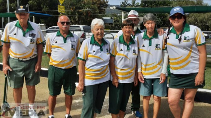 Canungra Bowlers all ready for another round of Club Championship Bowls - Wayne Reiser, Stuart Warren, Jean Ball, Kay Upton, Tim Thomas (behind), Val Reiser and Natalie Bell.