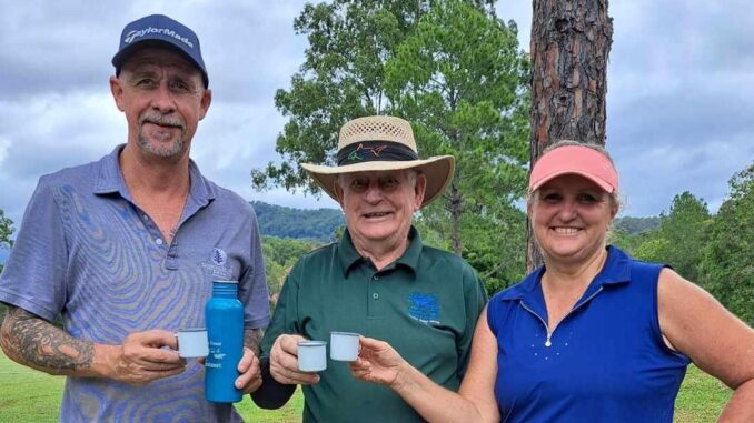 Ross Jackson, Harry Barnes and Kim Sami sharing a cuppa on the course.