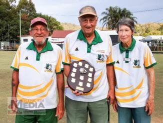 Winners of the Club Mixed Triples Championship 2024 Darryl Lee, Wayne Reiser and Val Reiser