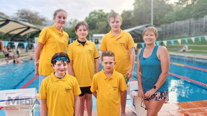 Back row Torah Hobson, Flynn Hall, Trey Collas. Front row Liam Hall, Ollie Collas with Sue Harrison